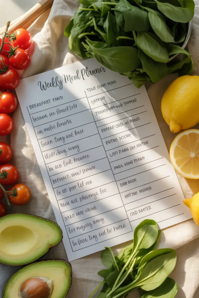 Filled-in weekly meal planner printable with handwritten meals and fresh produce