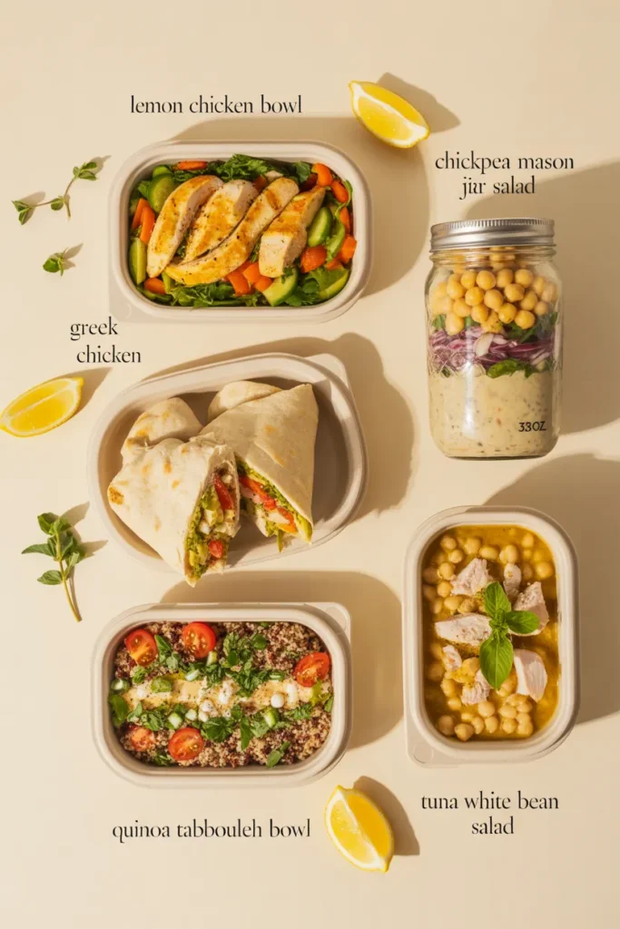Five Mediterranean meal prep lunches arranged in a row including chicken bowls, chickpea mason jar salad, Greek pita, quinoa tabbouleh, and tuna salad.