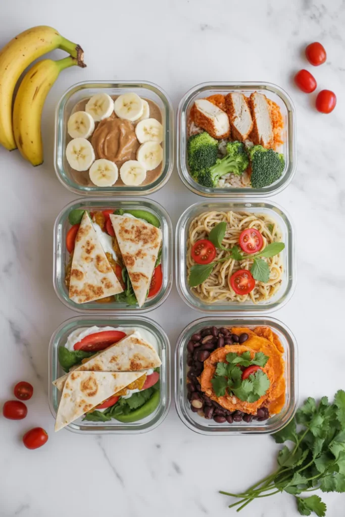 Five cheap meal prep recipes for college students including overnight oats, chicken rice bowls, quesadillas, pasta salad, and sweet potatoes