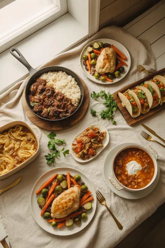 Five easy dinner recipes for family meals arranged on a cream tablecloth in warm window light