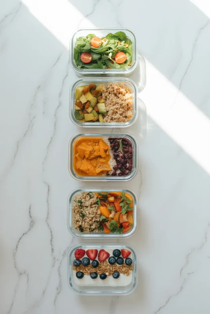 Five glass meal prep containers filled with budget-friendly meals arranged on a white countertop
