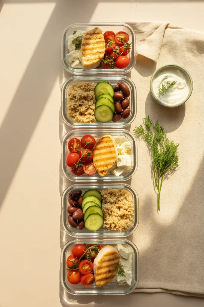 Five glass meal prep containers with Mediterranean lemon chicken, quinoa, cherry tomatoes, cucumber, kalamata olives, and feta on a cream linen runner.