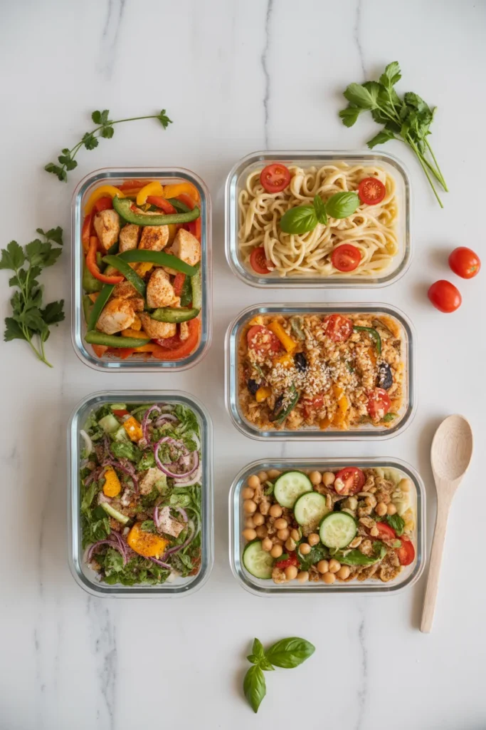 Five glass meal prep containers with colorful 30-minute weeknight dinner recipes including chicken stir-fry, pasta, and rice bowls on a marble countertop