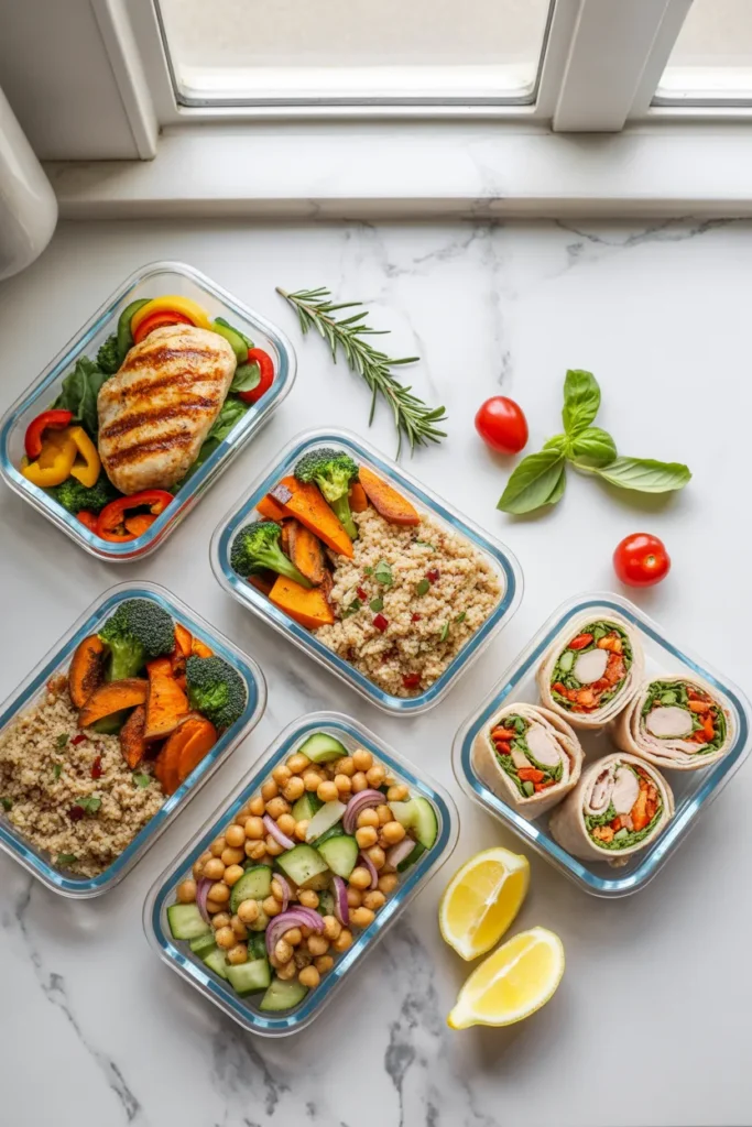 Five healthy lunch meal prep ideas for work packed in glass containers on marble countertop