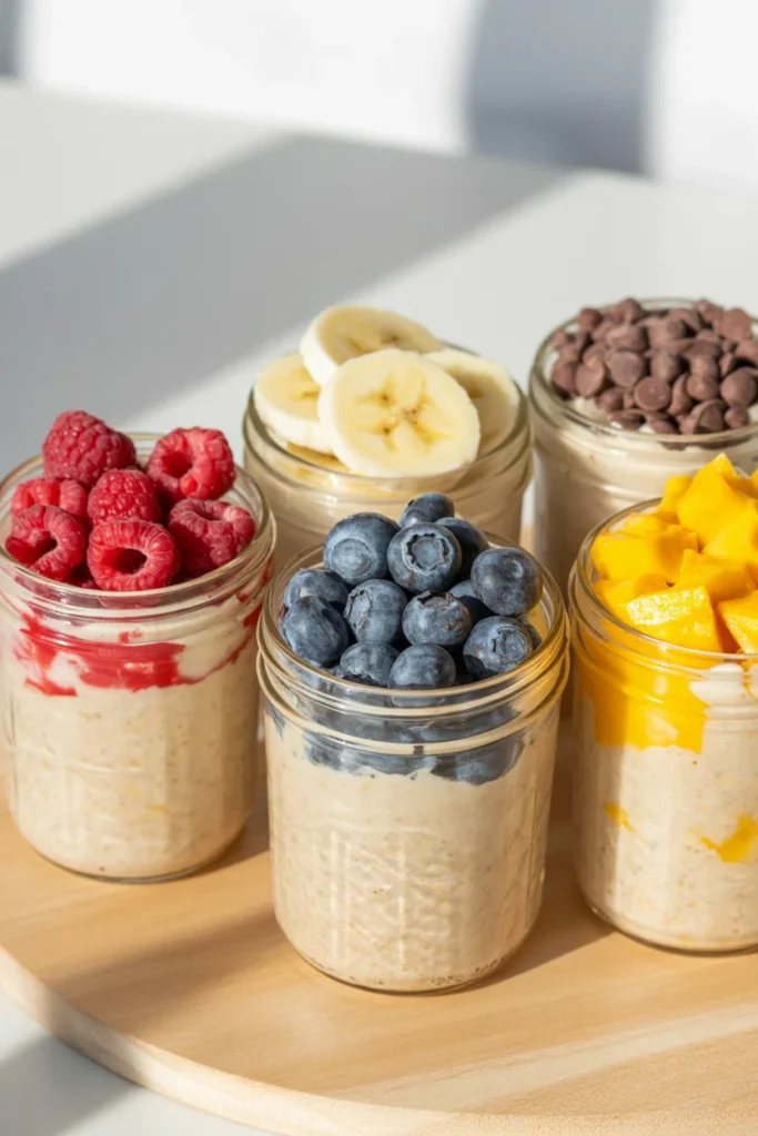 Five jars of overnight oats with different toppings for easy weekly breakfast meal prep