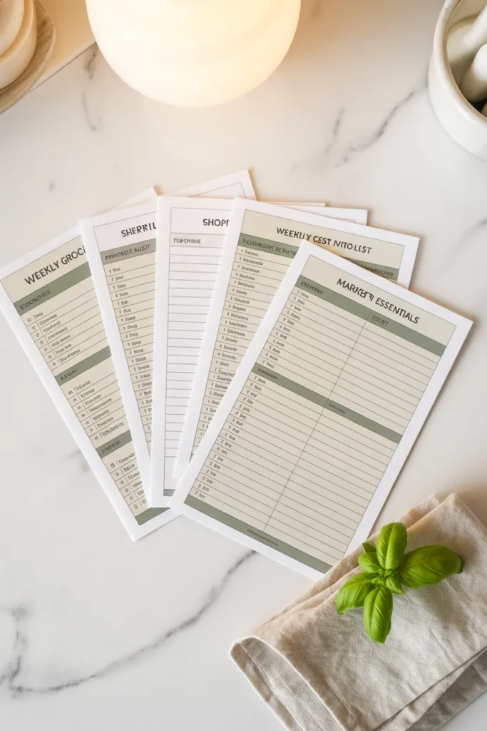 Five printable grocery list templates fanned out for weekly meal prep planning.