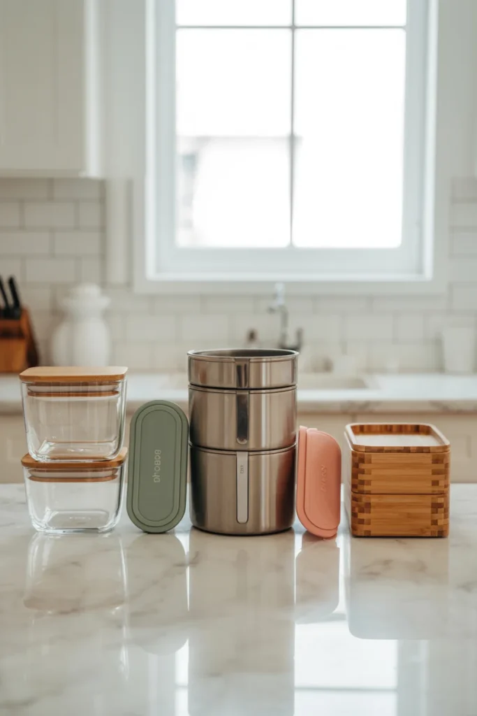 Five types of meal prep containers including glass, plastic, stainless steel, silicone, and bento box displayed on a modern kitchen counter