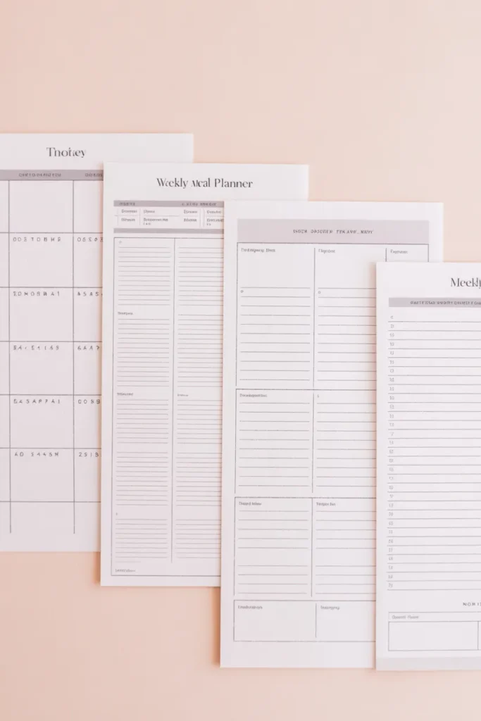 Four free printable weekly meal plan template layouts — grid, horizontal, minimalist, and budget styles
