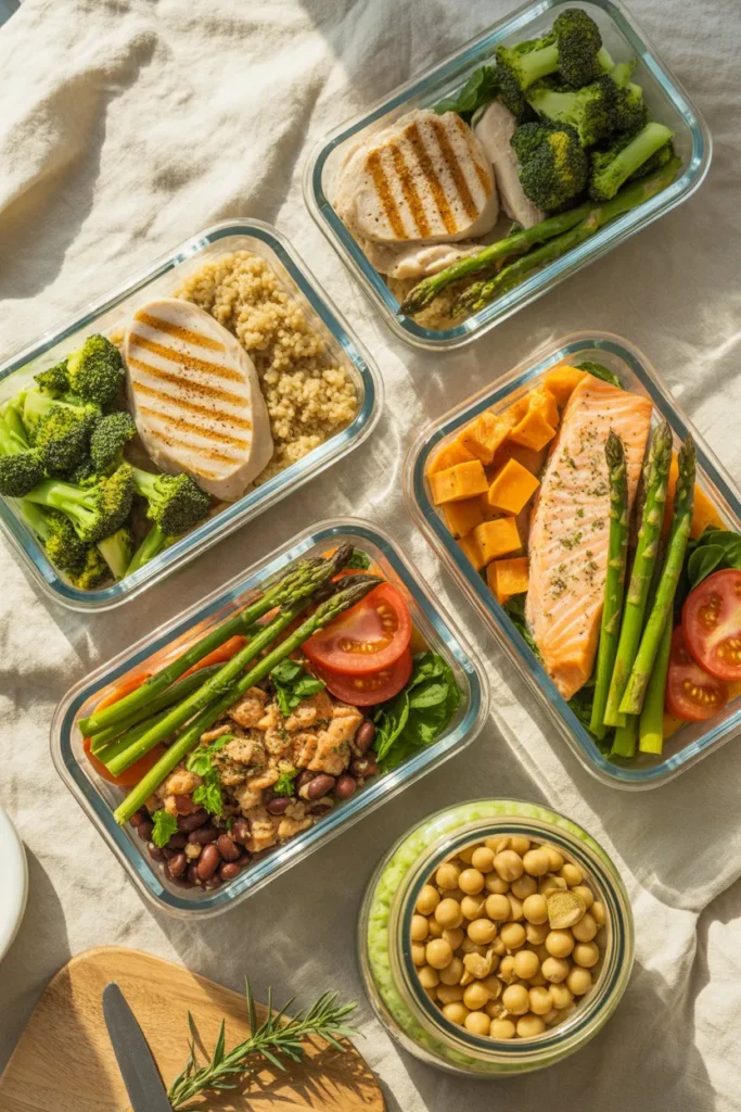 Four glass meal prep containers with low calorie meals under 500 calories, including chicken quinoa bowls and salmon with sweet potato.