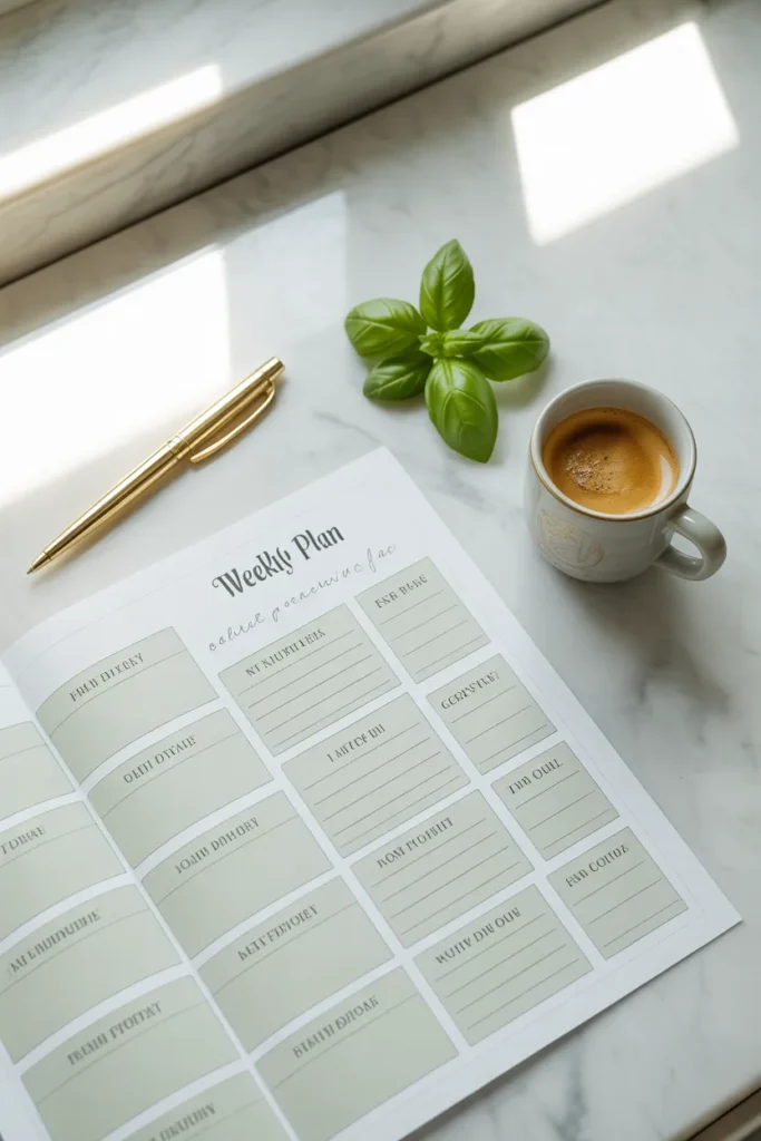  Free printable weekly meal plan template PDF on marble counter with gold pen and grocery list