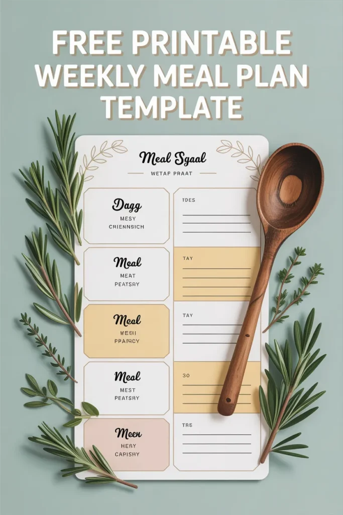 Free printable weekly meal plan template Pinterest pin with sage green background