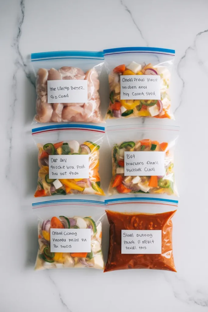 Freezer crockpot meal prep bags labeled and ready for the week ahead