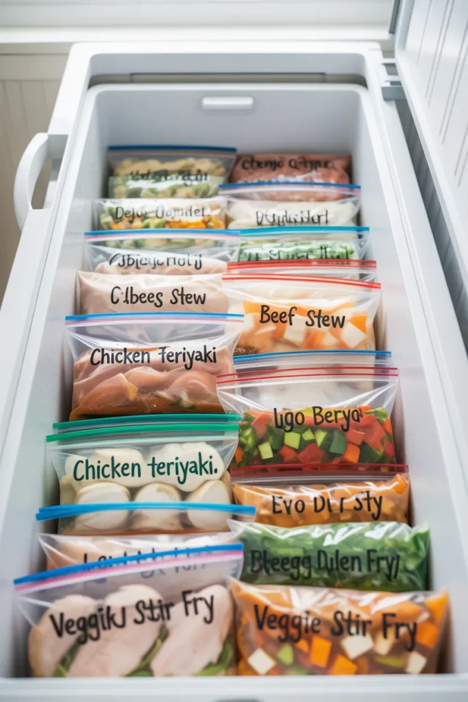 Freezer dump meal prep bags organized in freezer — make ahead one pot meals for easy weeknight dinners