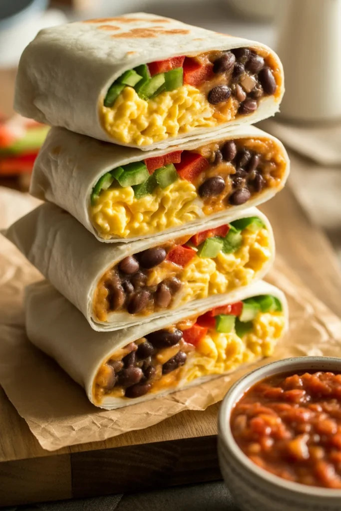 Freezer-friendly breakfast burritos cut in half showing eggs, beans, and cheese filling