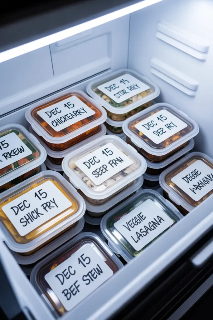 Freezer meal prep storage with labeled containers for long term food safety