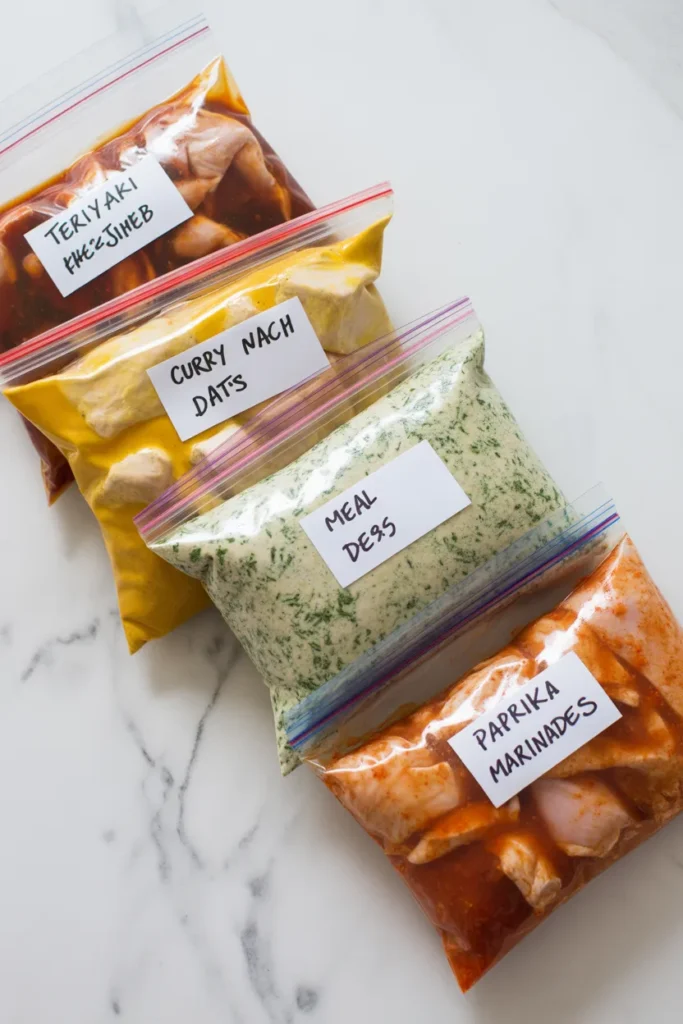 Freezer to crockpot chicken dump meals prepped in labeled gallon bags for easy weeknight dinners.