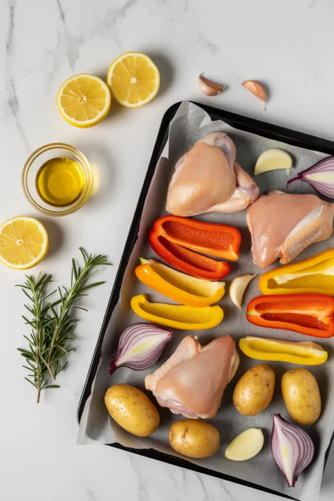 Fresh raw ingredients prepped for a sheet pan dinner recipe with chicken, vegetables, and herbs on parchment paper.