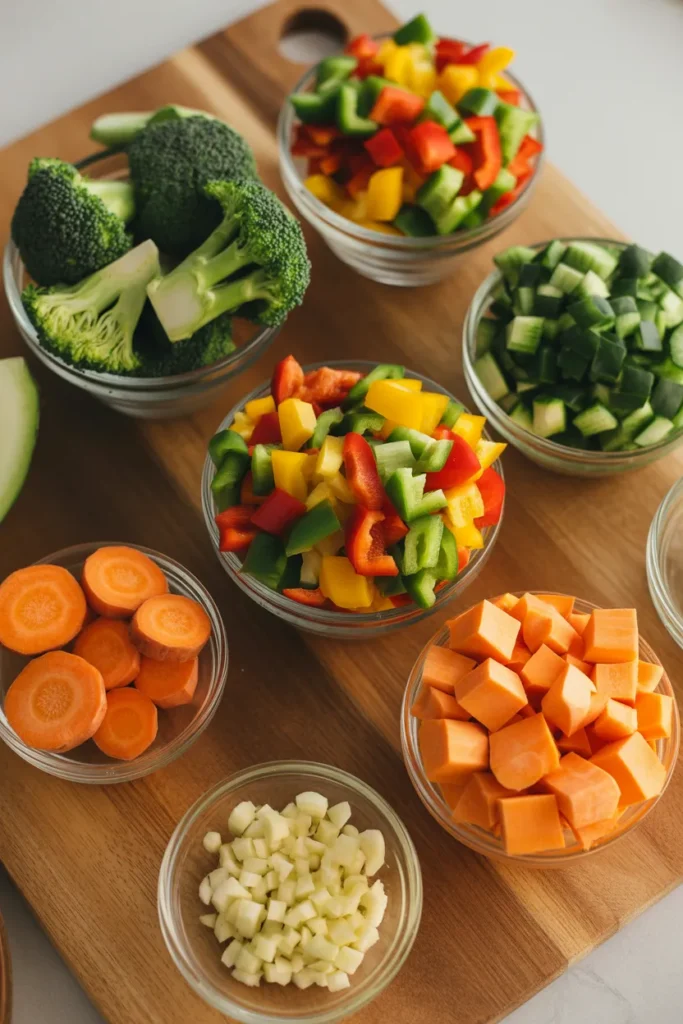 Freshly chopped vegetables in glass bowls for weekly meal prep including bell peppers, broccoli, carrots, and sweet potatoes