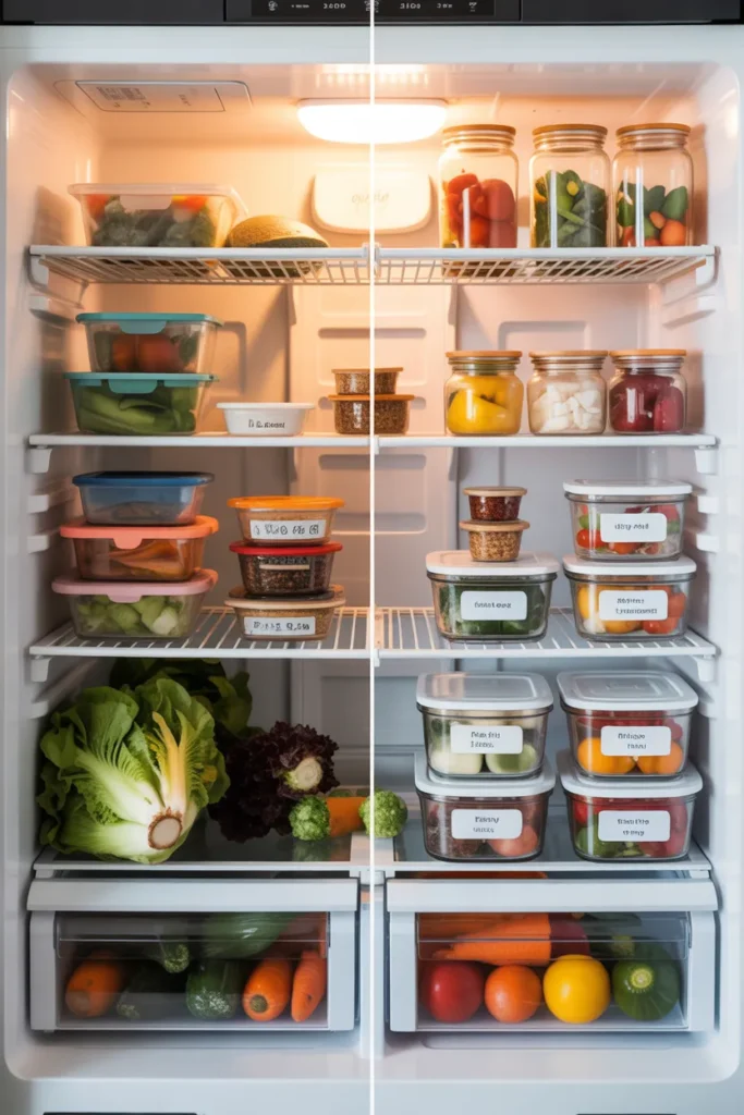 Fridge transformation showing messy before and organized meal prep containers after for college students