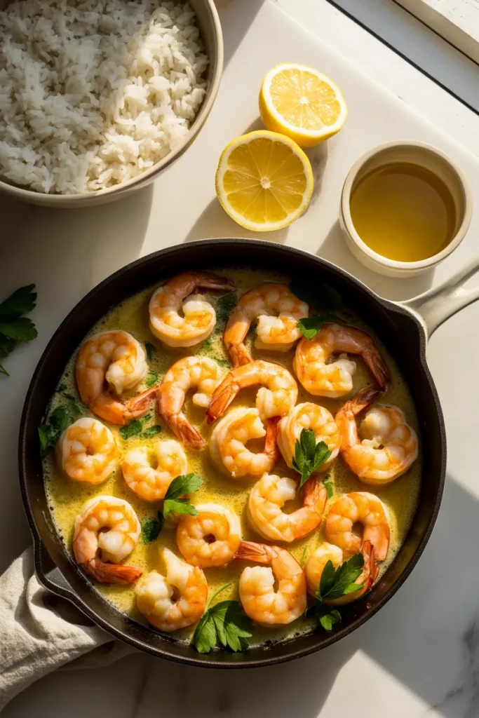 Garlic butter shrimp over rice, a quick family dinner recipe ready in 22 minutes
