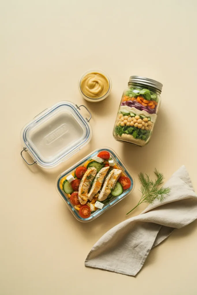 Glass meal prep container, mason jar layered salad, and small sauce container for Mediterranean meal prep storage.