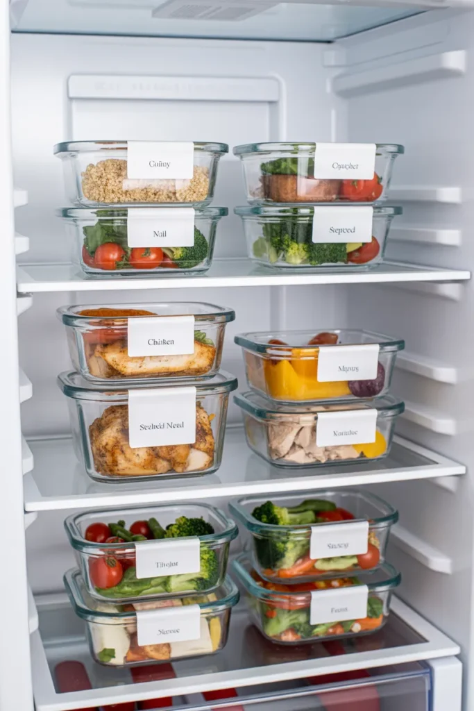 Glass meal prep containers organized in fridge with cheap budget meals for the week