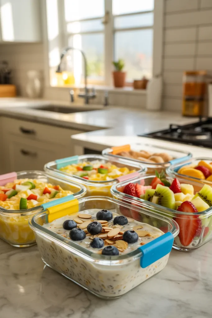 Glass meal prep containers with overnight oats, egg muffins, and fruit cups arranged on a kitchen island in warm morning light
