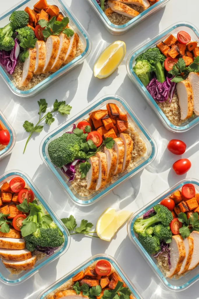 Gluten free meal prep ideas for the week in glass containers with chicken quinoa bowls