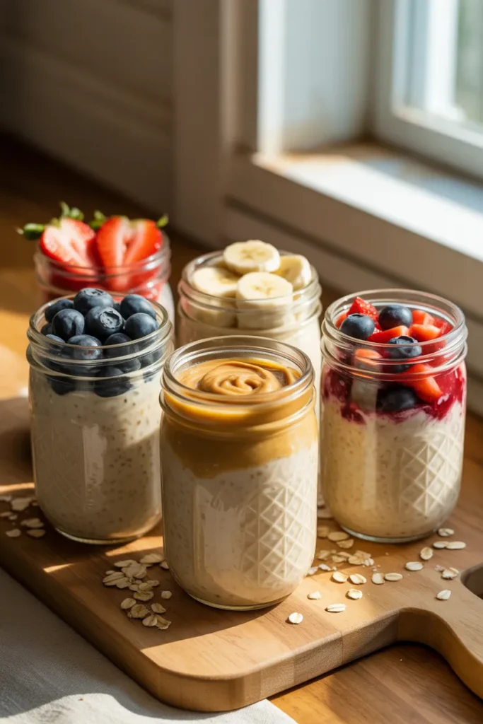 Gluten free overnight oats meal prep in mason jars with fresh berries