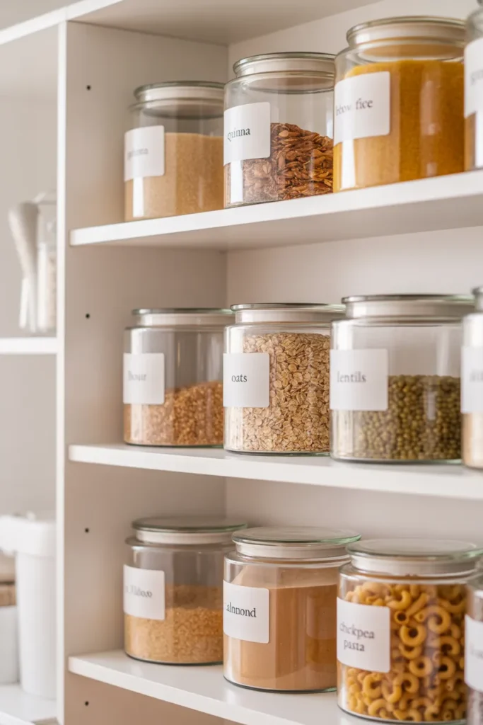 Gluten free pantry staples for weekly meal prep with labeled glass jars