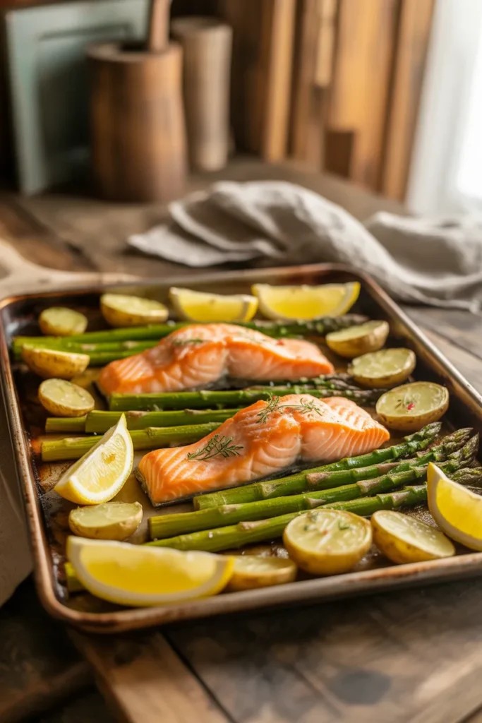 Gluten free sheet pan salmon dinner meal prep with asparagus