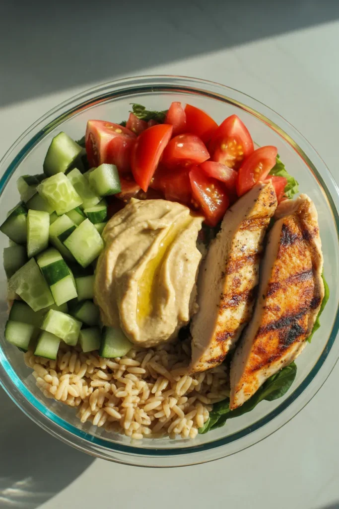 Greek chicken power bowl meal prep idea for weight loss with hummus, cucumber salad, and brown rice