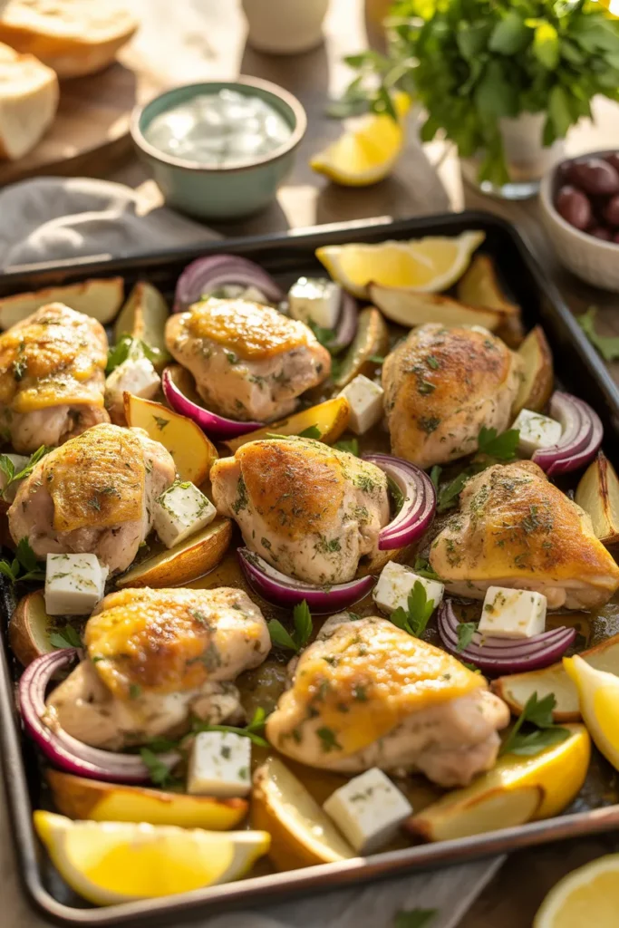 Greek lemon chicken sheet pan dinner with roasted potatoes, feta, and parsley for easy weeknight family meal.