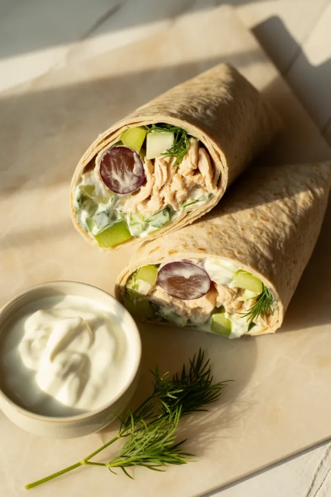 Greek yogurt chicken salad wraps cut in half showing shredded chicken, grapes, and dill for low calorie meal prep lunches.