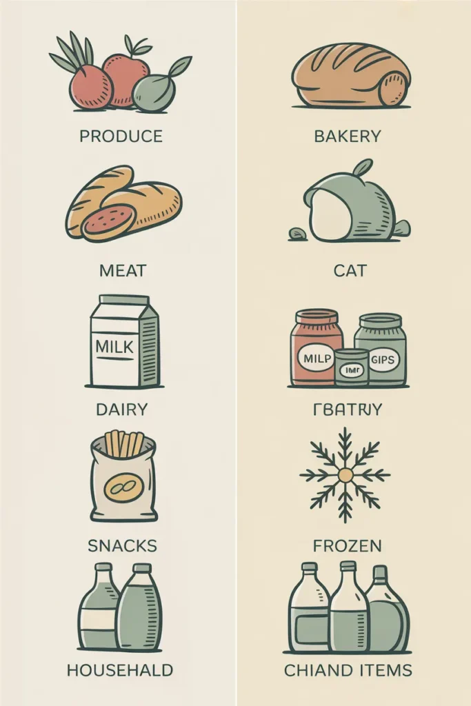 Grocery store aisle order infographic for a printable grocery list by category.