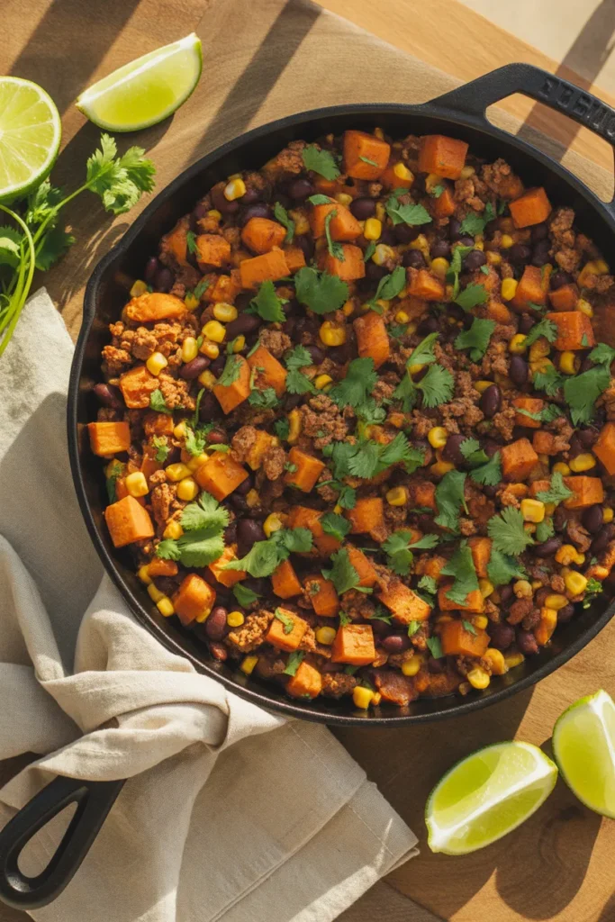 Ground turkey and sweet potato skillet meal prep with black beans, corn, and cilantro for low calorie meals high protein.