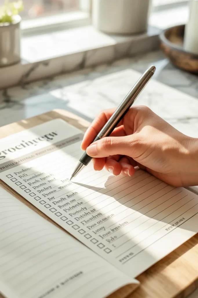 Hand checking off an item on a free printable grocery list by category.