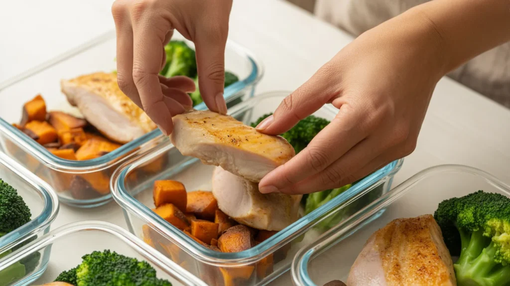 Hands portioning grilled chicken, roasted sweet potatoes, and broccoli into compartmented glass meal prep containers