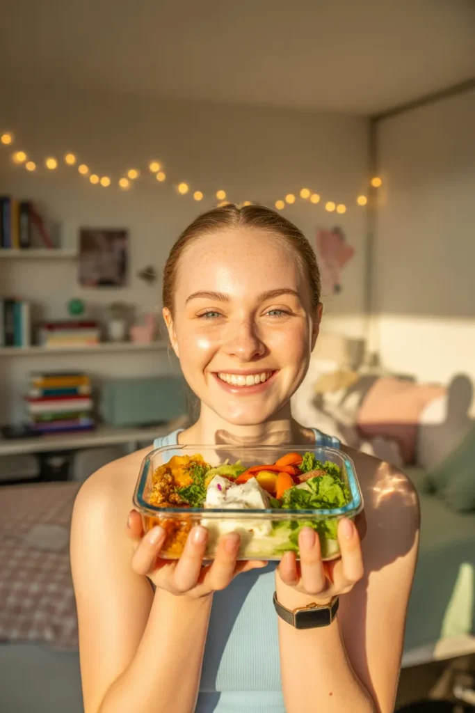 Happy college student holding healthy meal prep container saving money and eating well on a budget