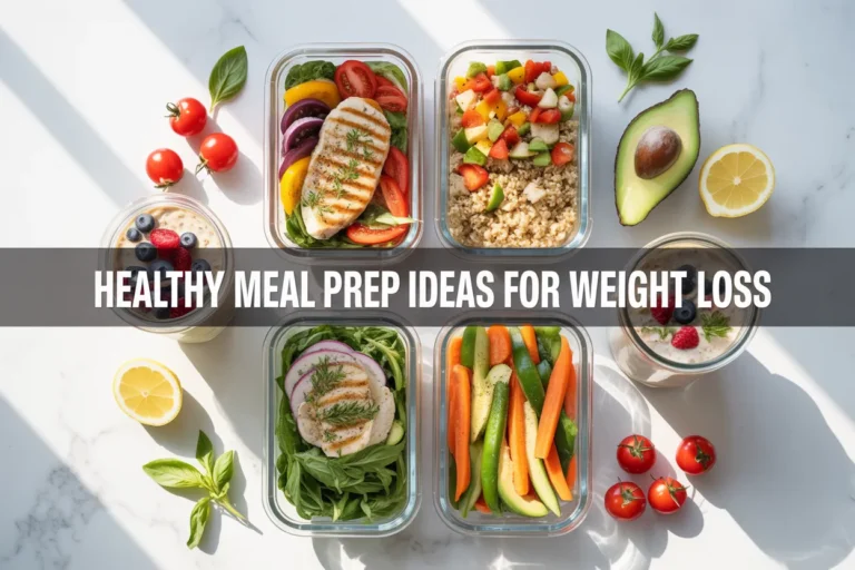 Healthy Meal Prep Ideas for Weight Loss — colorful glass meal prep containers with grilled chicken, quinoa, overnight oats, and stir-fry on a marble countertop with fresh ingredients