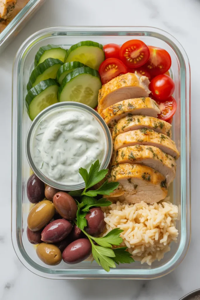 Healthy lemon herb chicken meal prep bowl with rice and vegetables