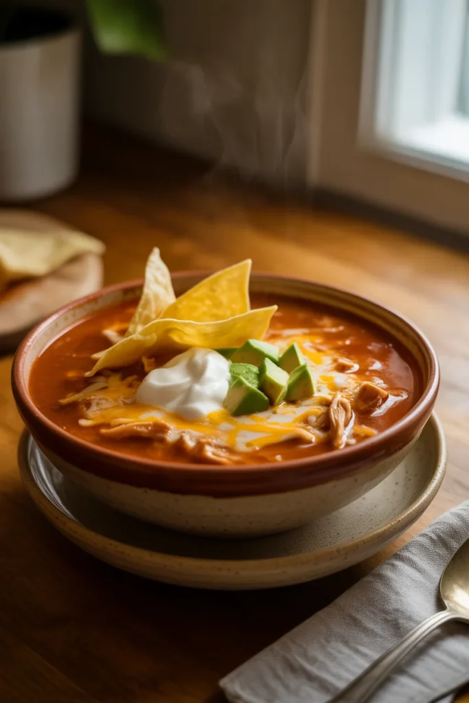 Hearty slow cooker chicken enchilada soup with cheese, avocado, and tortilla strips — easy meal prep recipe for busy weeknights