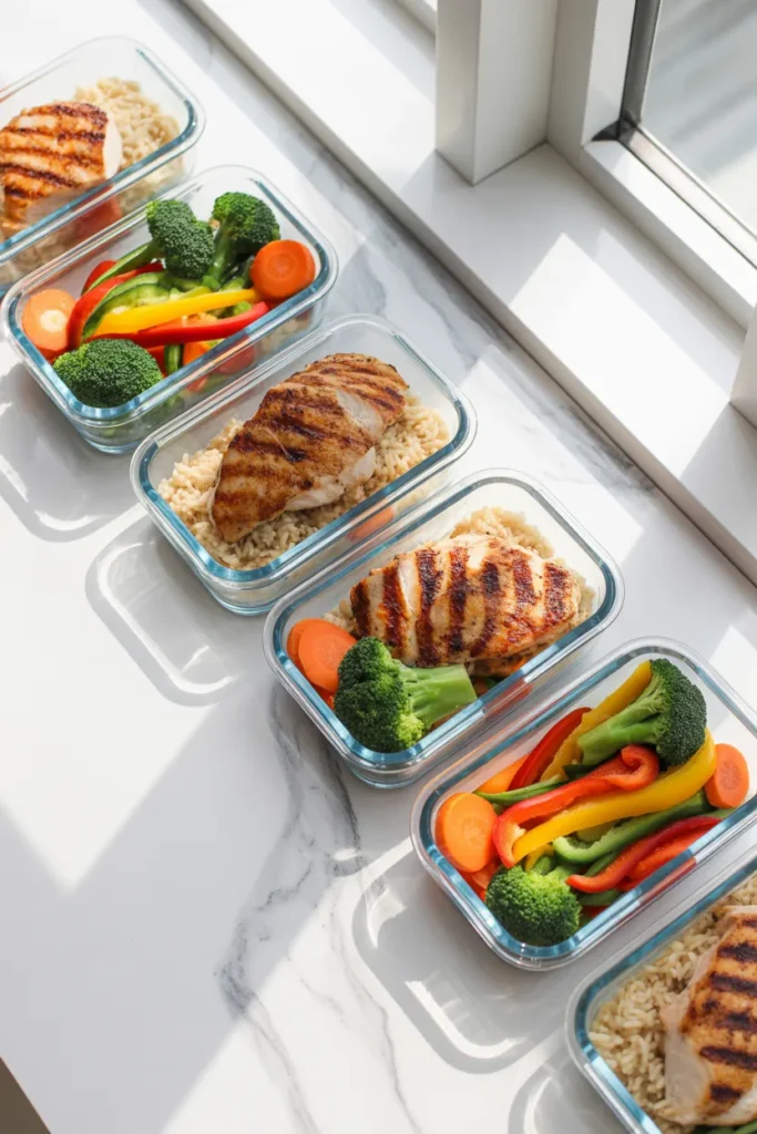 High protein meal prep containers with grilled chicken breast brown rice and steamed vegetables for muscle building
