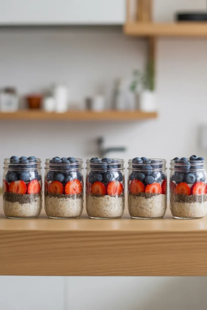 High protein overnight oats meal prep in mason jars with berries for muscle building breakfast