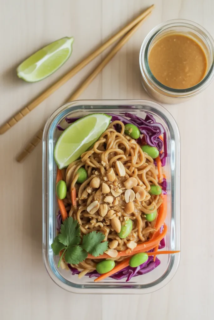  High protein peanut noodle salad meal prep with edamame carrots and cabbage in glass container
