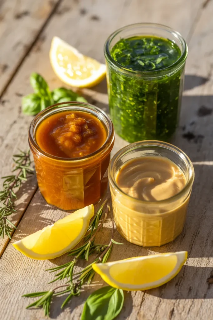 Homemade meal prep sauces in mason jars including teriyaki, herb dressing, and tahini for Sunday meal prep routine