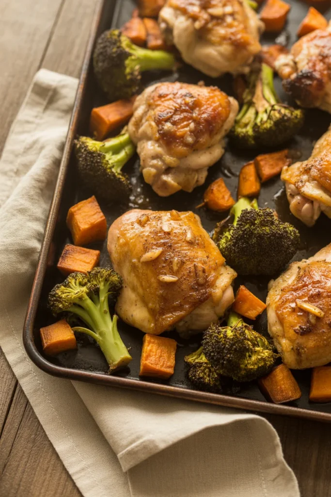 Honey garlic chicken sheet pan dinner with roasted broccoli and sweet potatoes — easy 30-minute weeknight meal prep recipe