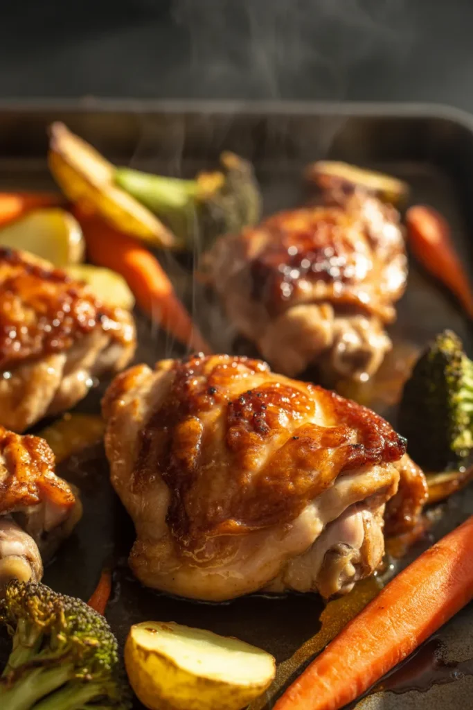 Honey garlic sheet pan chicken with roasted broccoli, carrots, and baby potatoes for an easy family dinner.