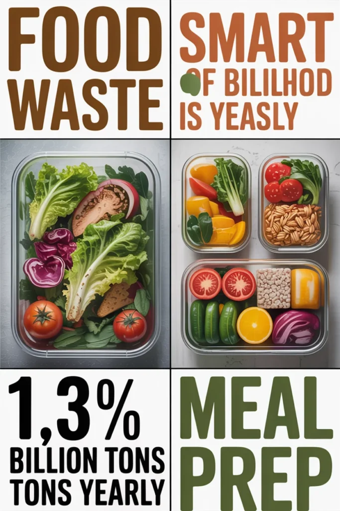 Infographic comparing food waste from poor storage versus fresh meals in sealed meal prep containers