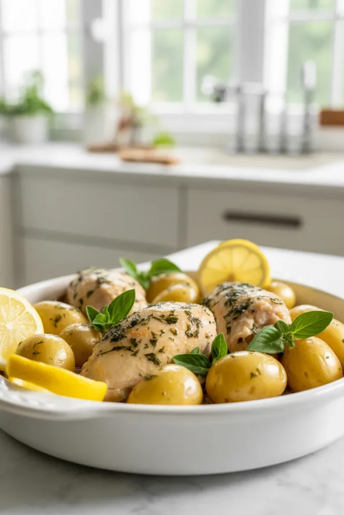 Instant Pot lemon herb chicken and potatoes — light and fresh dump and go one pot dinner recipe
